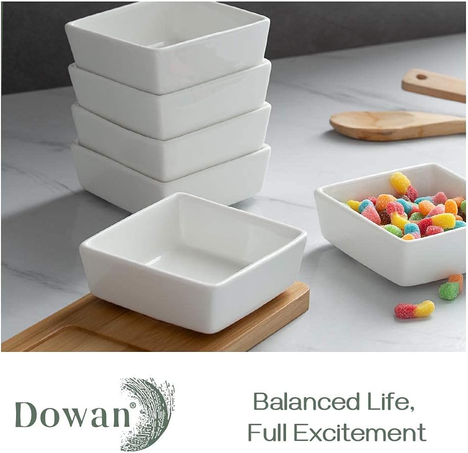 DOWAN Creme Brulee Ramekins 6 oz Oven Safe, Small Ceramic Square Ramekin, Custard Cups Souffle Baking Dish, Dipping Bowls Soy Sauce Dish Appetizer Plates, Set of 6, Soft White