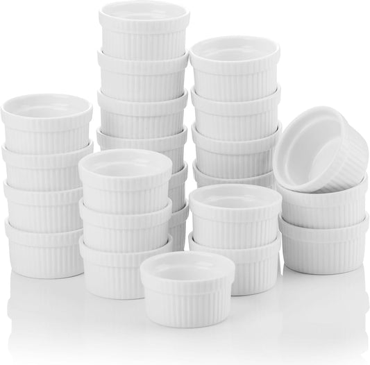 MALACASA Mini Ramekins 2 oz set of 24, Ramiken, Ceramic Creme Brulee Ramekins, White Custard Cups, Small Dipping Bowls for Kitchen Serving Sauce Condiments, Dishwasher Oven Safe, Series RAMEKIN.DISH