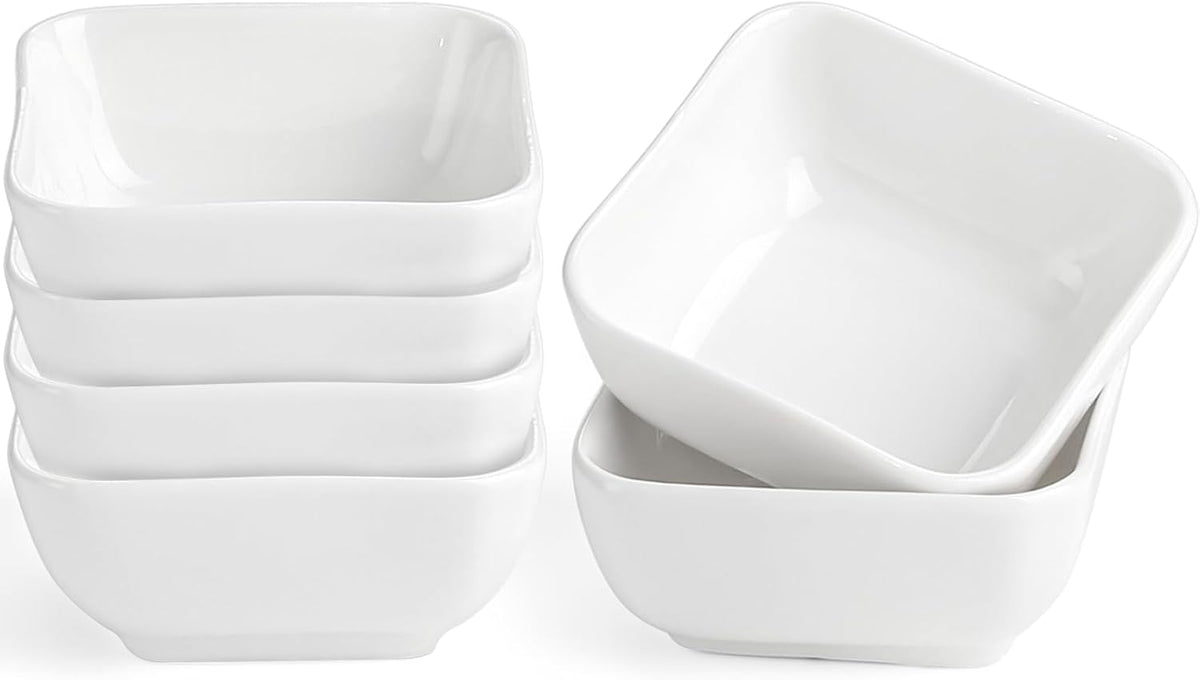 Ceramic Soy Sauce Dish 3 Oz White Dipping Bowls Small Square Side Dishes for Condiment,Appetizer and Snacks Set of 6