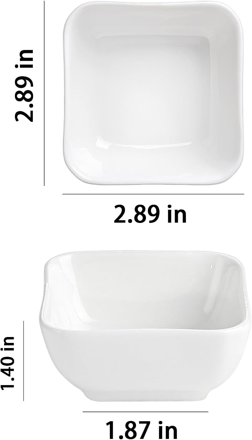 Ceramic Soy Sauce Dish 3 Oz White Dipping Bowls Small Square Side Dishes for Condiment,Appetizer and Snacks Set of 6