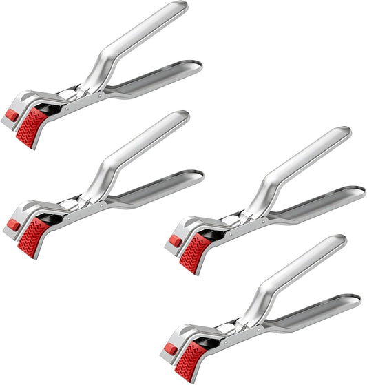 Stainless Steel Hot Plate Gripper Tongs, Anti-Scald Bowl Holder Clip with Silicone Tips for Microwave, Oven, Air Fryer - 4Pcs Multi-Function Anti-Slip Plate Gripper