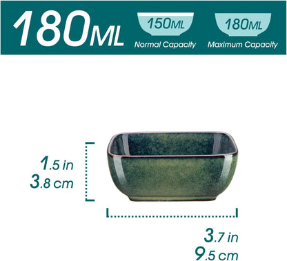 vancasso Stern 6 Oz Dipping Bowls, 3.7 Inches Ceramic Soy Sauce Dish, Square Side Dishes, Small Appetizer Plates Set of 4, Green