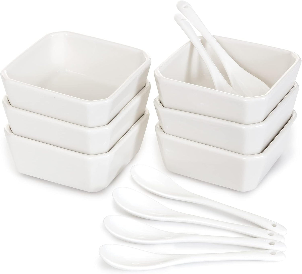 6 Oz White Porcelain Serving Bowls Set – 6 Small Bowls and 6 Serving Spoons – Sturdy, Oven- and Dishwasher-Safe Ceramic Condiment Cups for Sauces, Desserts and Appetizers