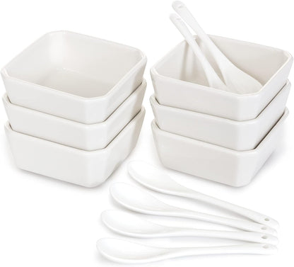 6 Oz White Porcelain Serving Bowls Set – 6 Small Bowls and 6 Serving Spoons – Sturdy, Oven- and Dishwasher-Safe Ceramic Condiment Cups for Sauces, Desserts and Appetizers