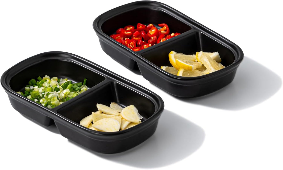 2PCS Ceramic Dishes, Ceramic Dish Stainless Steel Soy Tomato Sauce Salt Vinegar Sugar Spices Flavor Condiment Dip Bowls Korean BBQ Home Kitchen Plates, 3 Compartment Sauce Dish (3 Grids White)