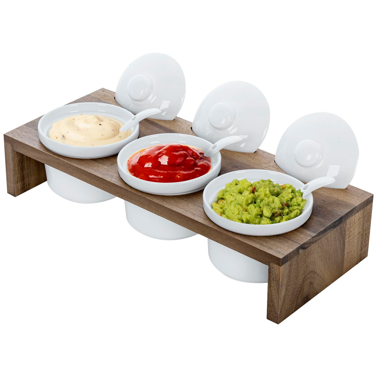 MyGift 10 Pcs Sauce Serving Dish, Hosting Party Essentials Host Gift, 3 Ceramic Ramekin Chip Dip Bowls with Lids & Spoons, Premium Bamboo Server Tray, Condiment Pot Entertaining
