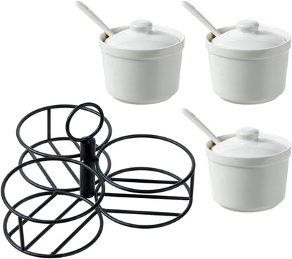 MyGift 10 Pc Set Ceramic Ramekin Condiment Dip Bowl with Lids and Spoons and Deluxe Modern Black Metal Wire Serving Rack for Sauces and Condiments