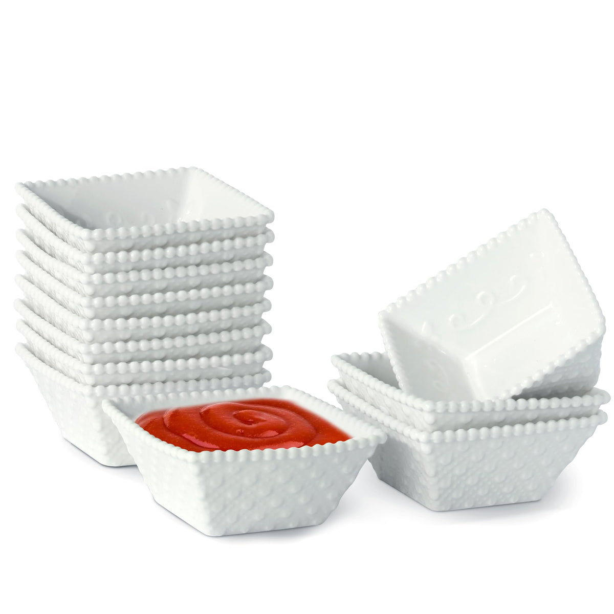 UIBFCWN 20Pack Ceramic Dip Bowls Set, 2.3oz White Dipping Sauce Bowls/Dishes for Tomato Sauce, Soy Sauce Dish, Square Side Dishes, Mini Appetizer Plates for Condiment