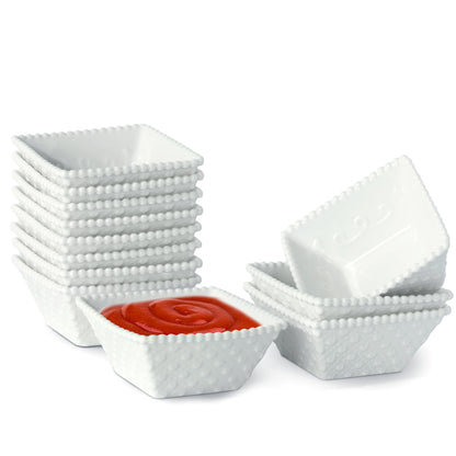 UIBFCWN 20Pack Ceramic Dip Bowls Set, 2.3oz White Dipping Sauce Bowls/Dishes for Tomato Sauce, Soy Sauce Dish, Square Side Dishes, Mini Appetizer Plates for Condiment