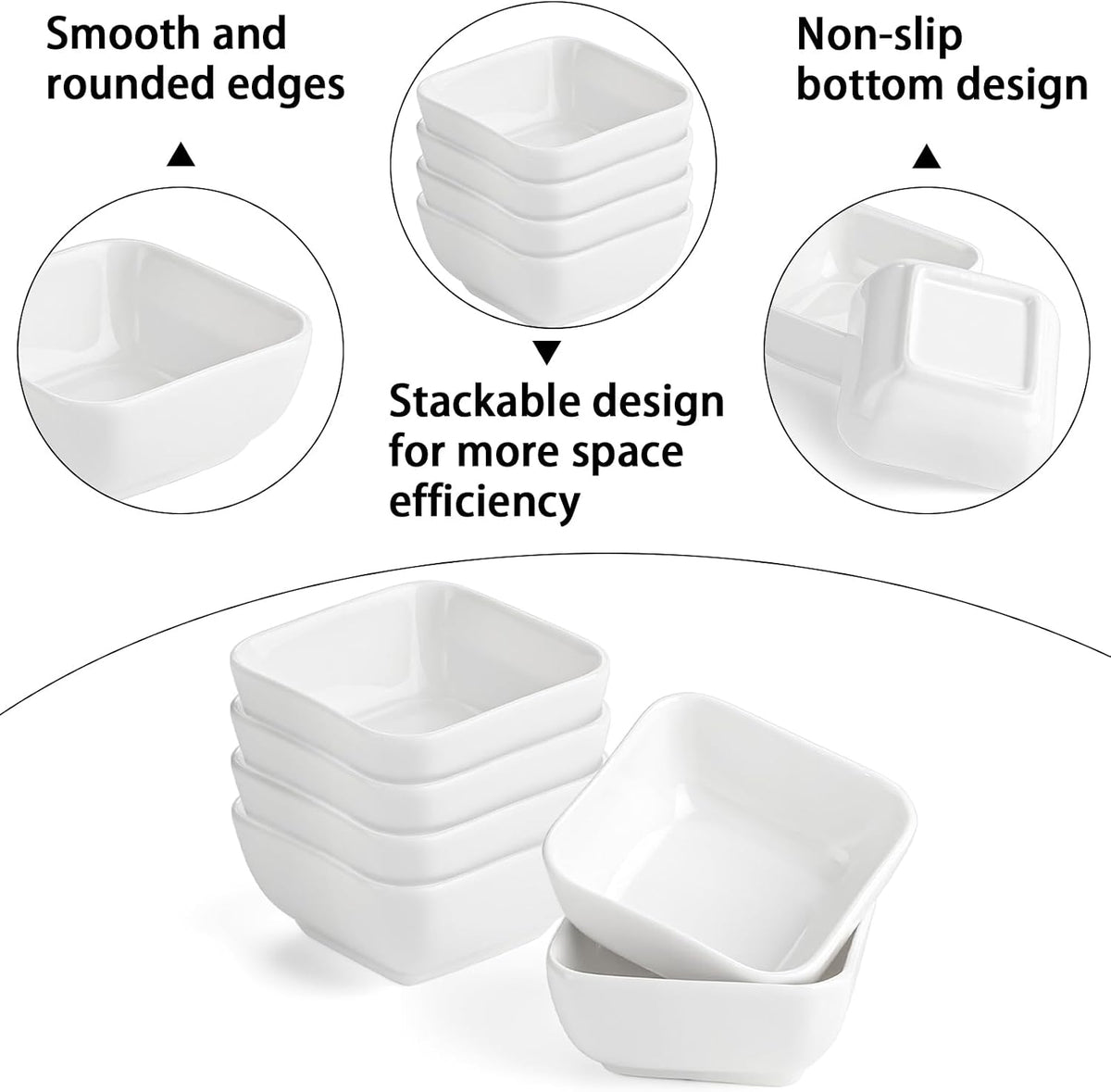 Ceramic Soy Sauce Dish 3 Oz White Dipping Bowls Small Square Side Dishes for Condiment,Appetizer and Snacks Set of 6