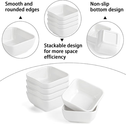 Ceramic Soy Sauce Dish 3 Oz White Dipping Bowls Small Square Side Dishes for Condiment,Appetizer and Snacks Set of 6