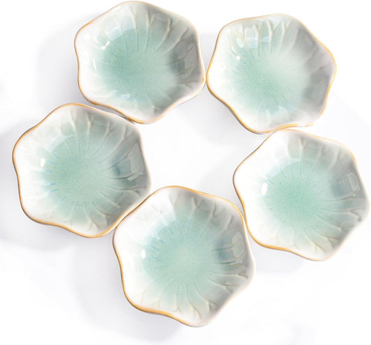 Ceramic Sauce Dish Set of 5, 3.97" Mint Green Flower‑Shaped Dipping Bowls