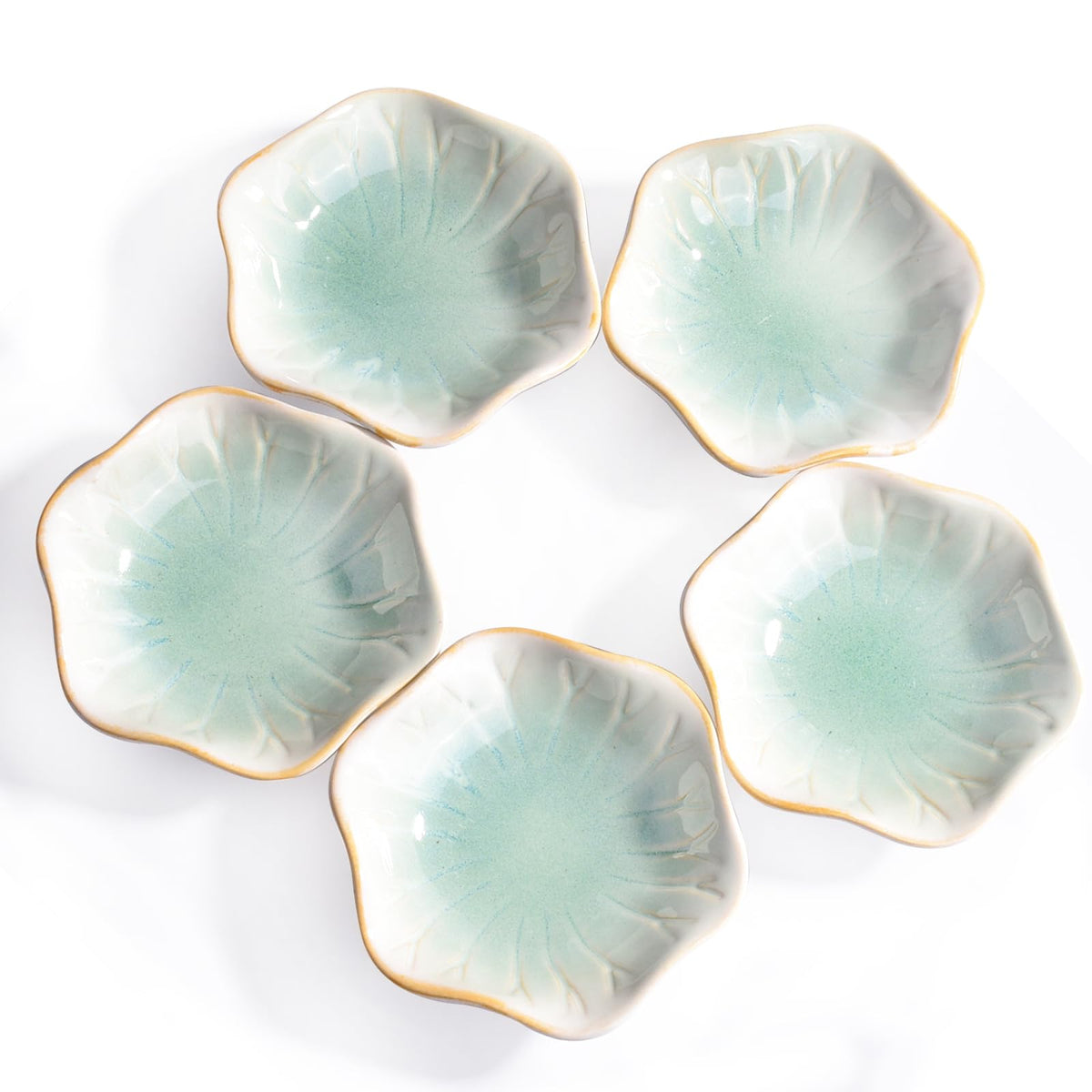 Ceramic Sauce Dish Set of 5, 3.97" Mint Green Flower‑Shaped Dipping Bowls