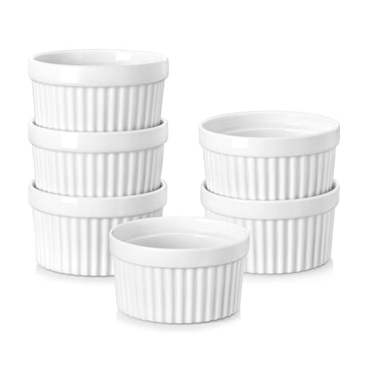 MALACASA Ramekins 4 oz Oven Safe, Porcelain, Set of 6, White