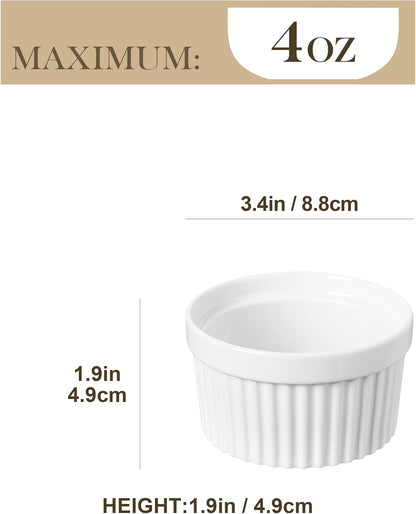 MALACASA Ramekins 4 oz Oven Safe, Porcelain, Set of 6, White