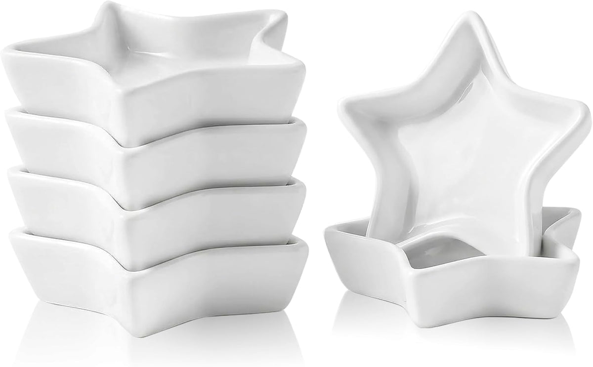 6 Pack Star Shaped Dipping Bowls, 3.7 Inch White Soy Sauce Dishes