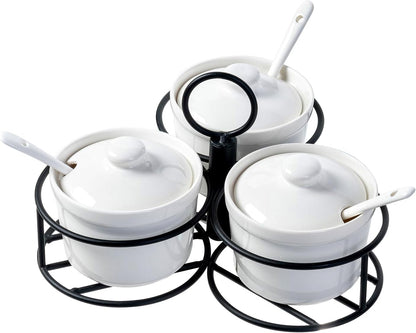 MyGift 10 Pc Set Ceramic Ramekin Condiment Dip Bowl with Lids and Spoons and Deluxe Modern Black Metal Wire Serving Rack for Sauces and Condiments