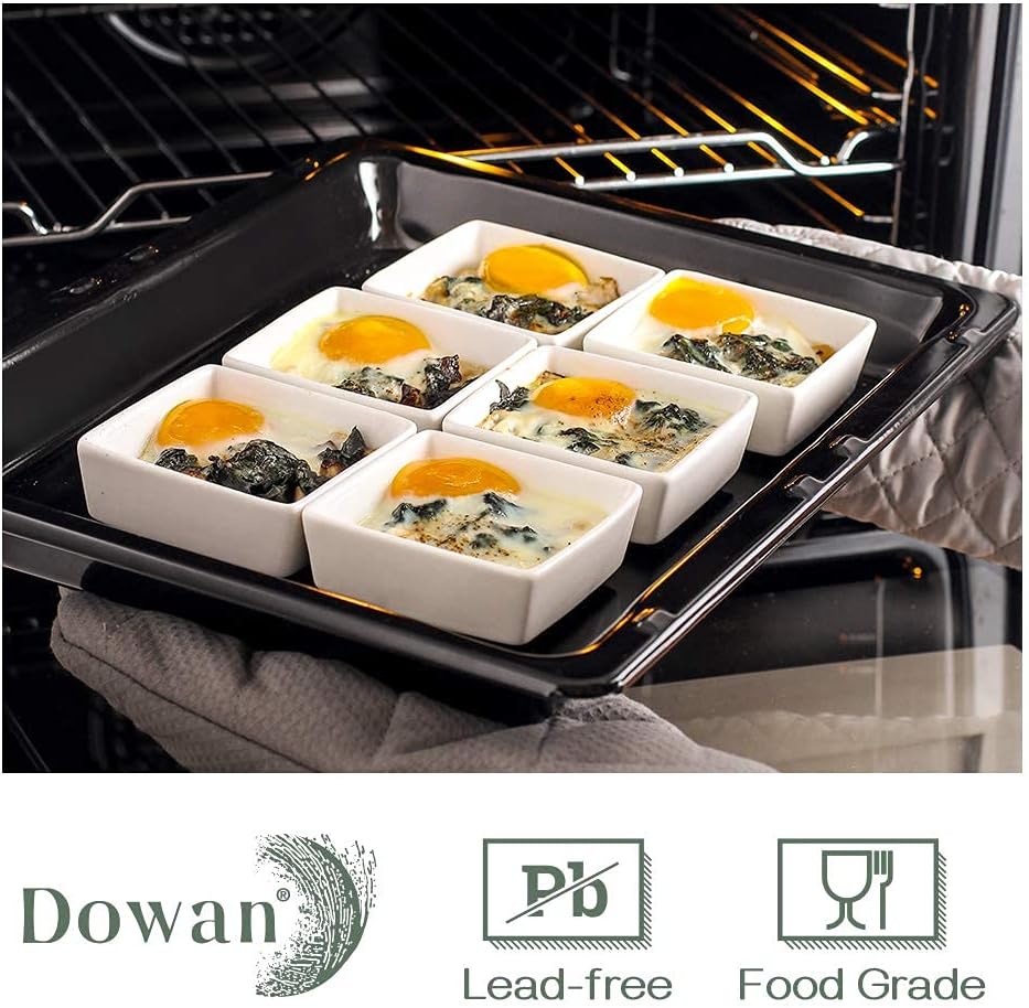 DOWAN Creme Brulee Ramekins 6 oz Oven Safe, Small Ceramic Square Ramekin, Custard Cups Souffle Baking Dish, Dipping Bowls Soy Sauce Dish Appetizer Plates, Set of 6, Soft White