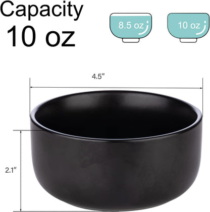 Aquiver 10 Ounces Ceramic Bowl Set - Porcelain Matte Small Bowls - Side Dishes for Desserts, Ice Cream, Snacks, Condiments, Souffle, Yogurt, Soup - Dipping Sauce Bowl Set of 4 (Black)