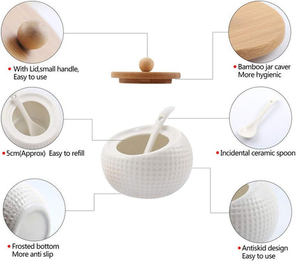 Porcelain Condiment Jar Spice Container with Lids - Bamboo Cap Holder Spot, Ceramic Serving Spoon, Wooden Tray Best Pottery Cruet Pot for Your Home, Kitchen, Counter. White,170 ML (5.8 OZ), Set of 3