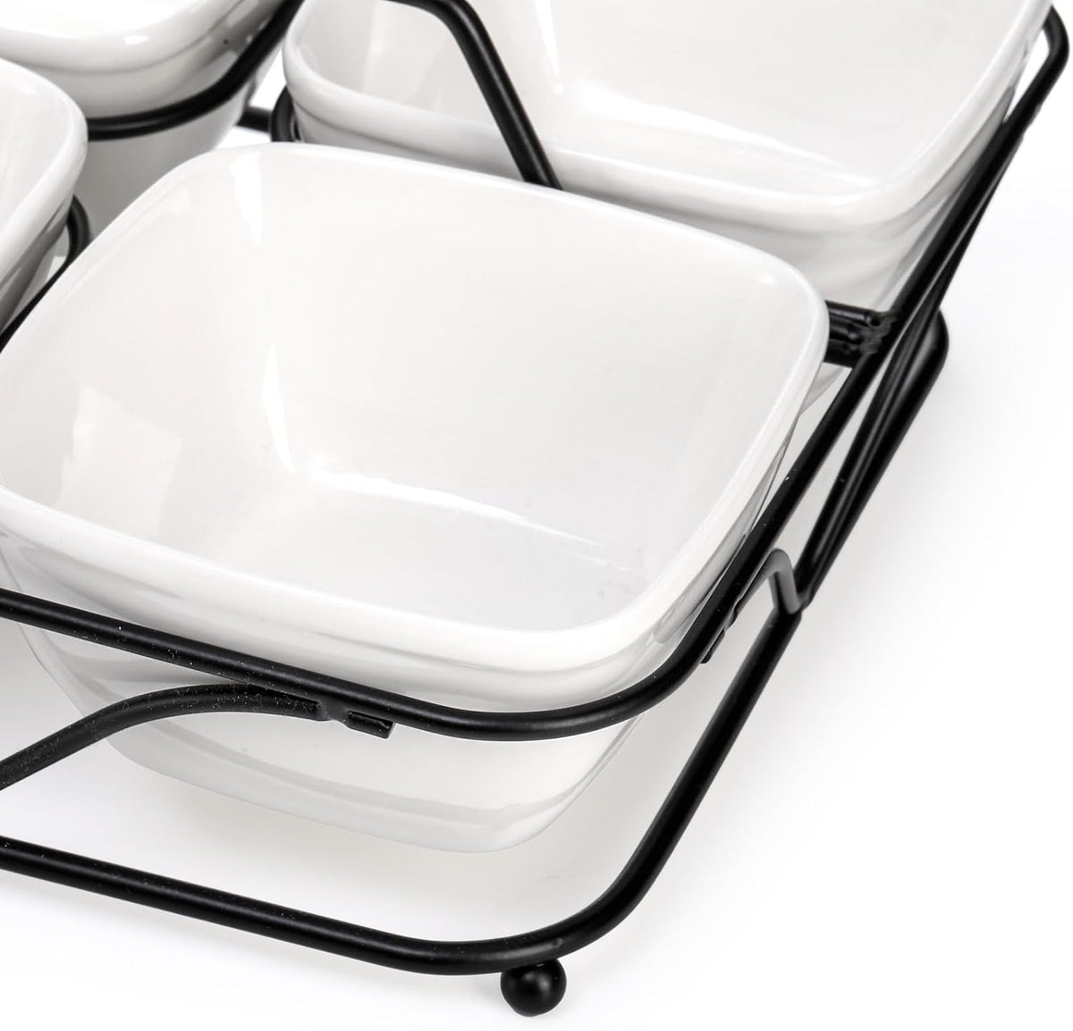 Pumtus Ceramic Divided Serving Dishes, 4 Removable Snack Bowls with Metal Stand, 9 Inch Appetizer Platter with Handle, Dip Bowls for Party, Condiment Serving Relish Tray for Chips & Dips, Nut, Candy