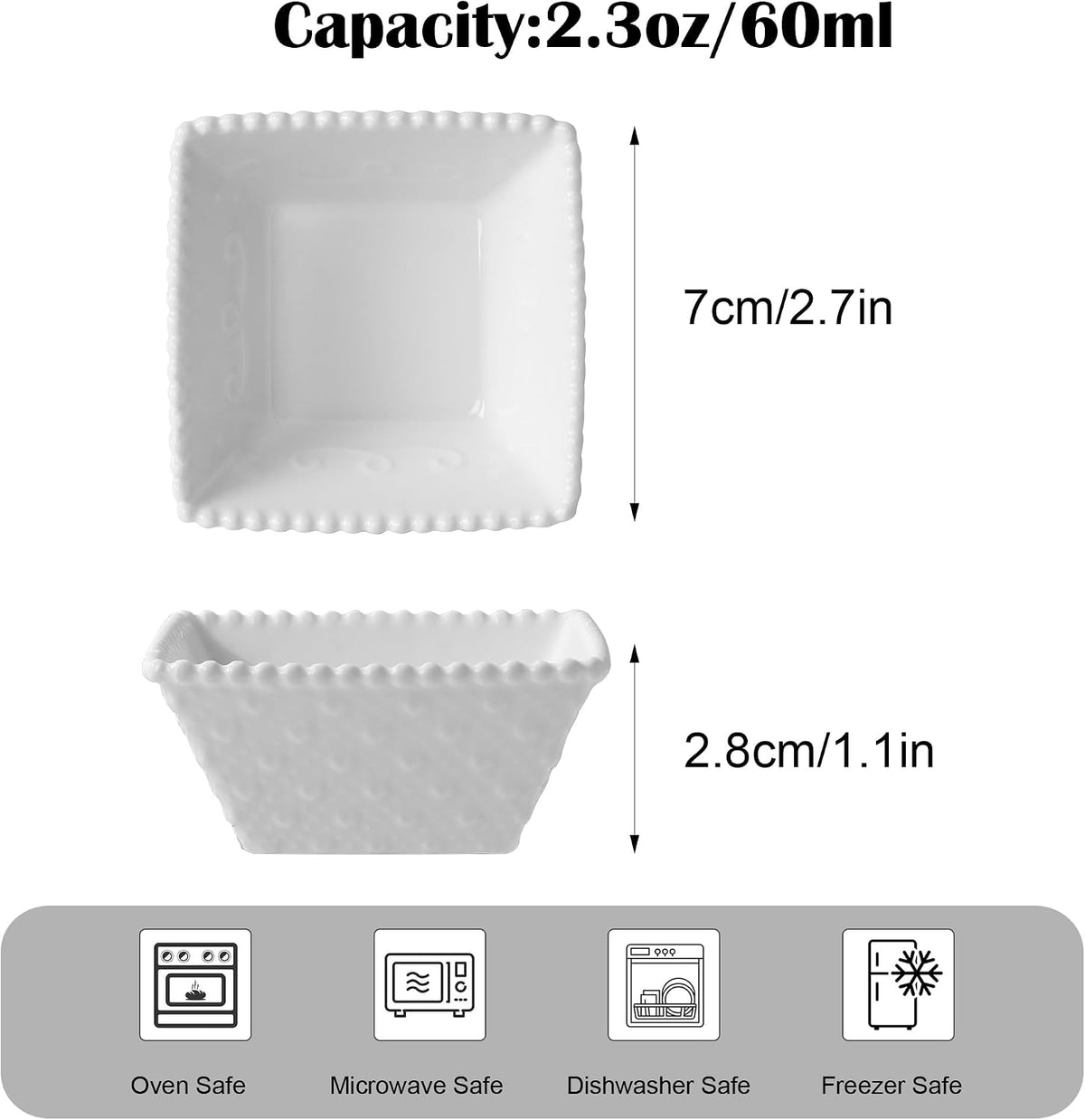 UIBFCWN 20Pack Ceramic Dip Bowls Set, 2.3oz White Dipping Sauce Bowls/Dishes for Tomato Sauce, Soy Sauce Dish, Square Side Dishes, Mini Appetizer Plates for Condiment