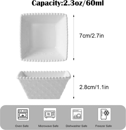 UIBFCWN 20Pack Ceramic Dip Bowls Set, 2.3oz White Dipping Sauce Bowls/Dishes for Tomato Sauce, Soy Sauce Dish, Square Side Dishes, Mini Appetizer Plates for Condiment