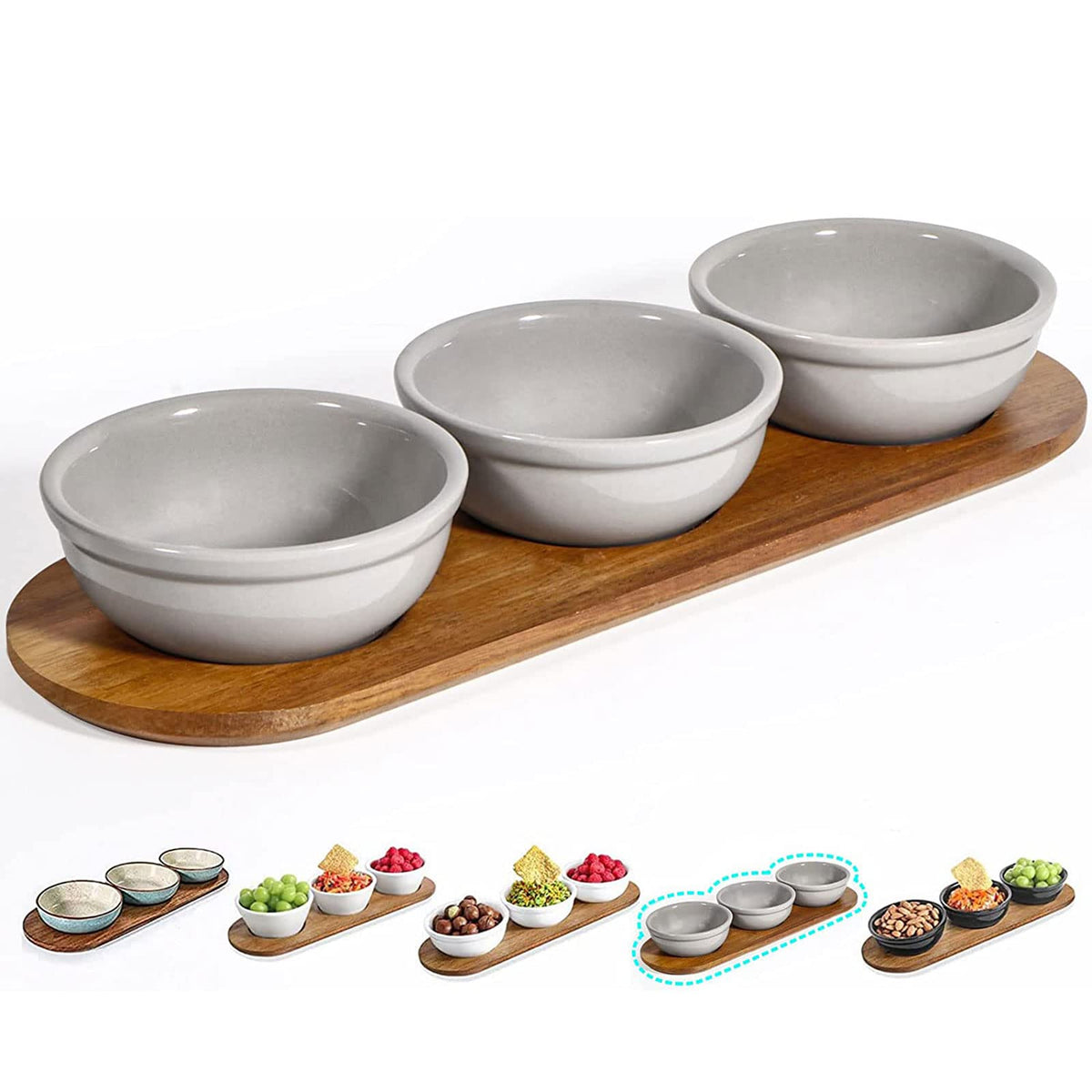 Artena 6oz Turquoise Solid Ceramic Chips and Dip Serving Platter with Acacia Wooden Tray, 4.5inch Glazing Small Serving Bowls/Dipping Dishes for Condiments,Side Dishes, Dipping, Pre, Dessert, Salsa