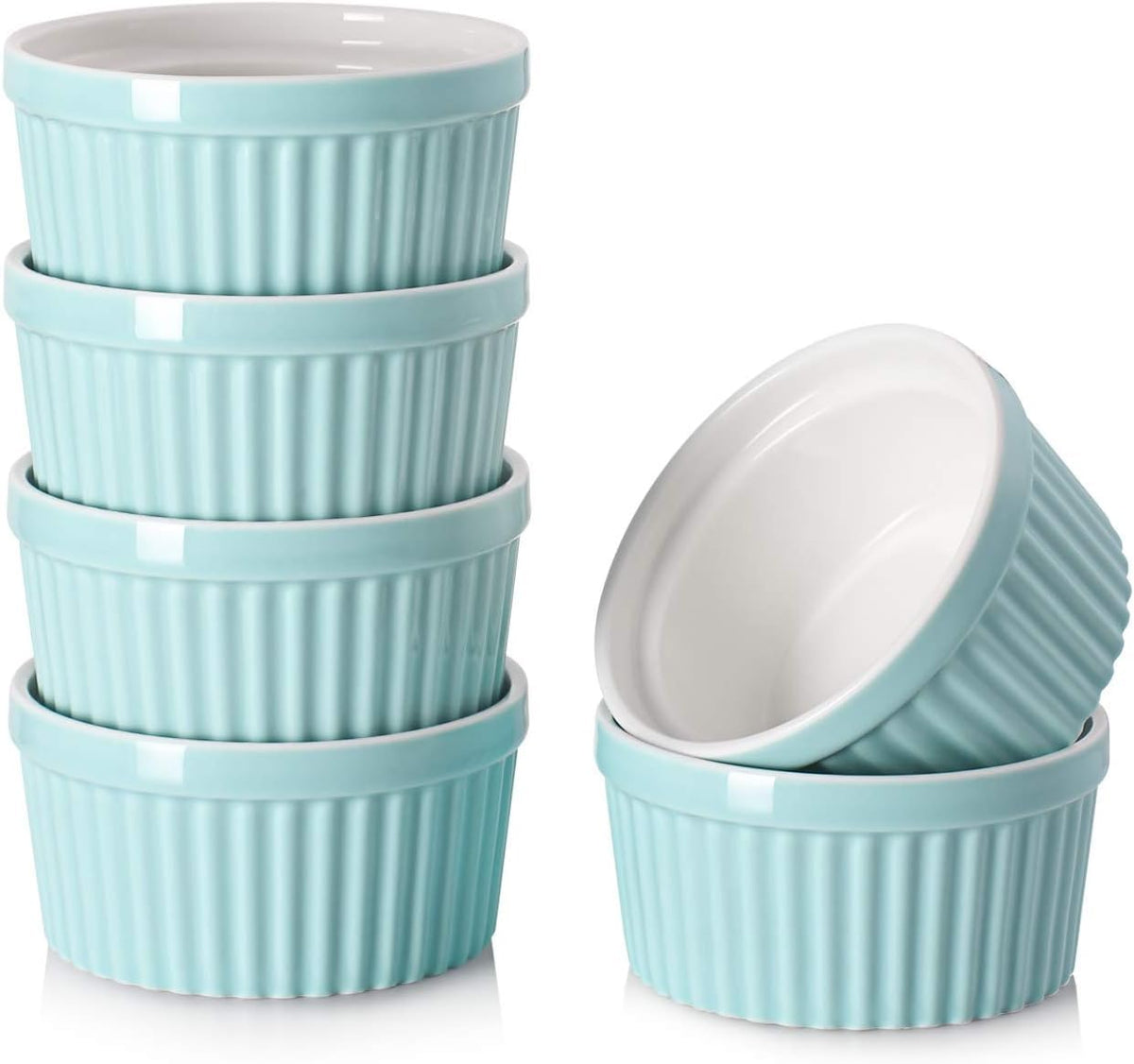 DOWAN 4 oz Ceramic Ramekins Set of 6, Oven Safe Souffle Dishes for Air Fryer Baking, Mini Round Baking Cups for Creme Brulee, Dipping Sauces, Desserts and Prep Bowls, White