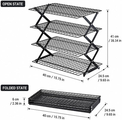 4 Tier Collapsible Cooling Rack, 3-Setting Adjustable Stackable Baking Rack, Foldable Metal Wire Cooling Stand for Cookies, Bread, Pastry, Outdoor Picnic Food Display, Baking Supplies