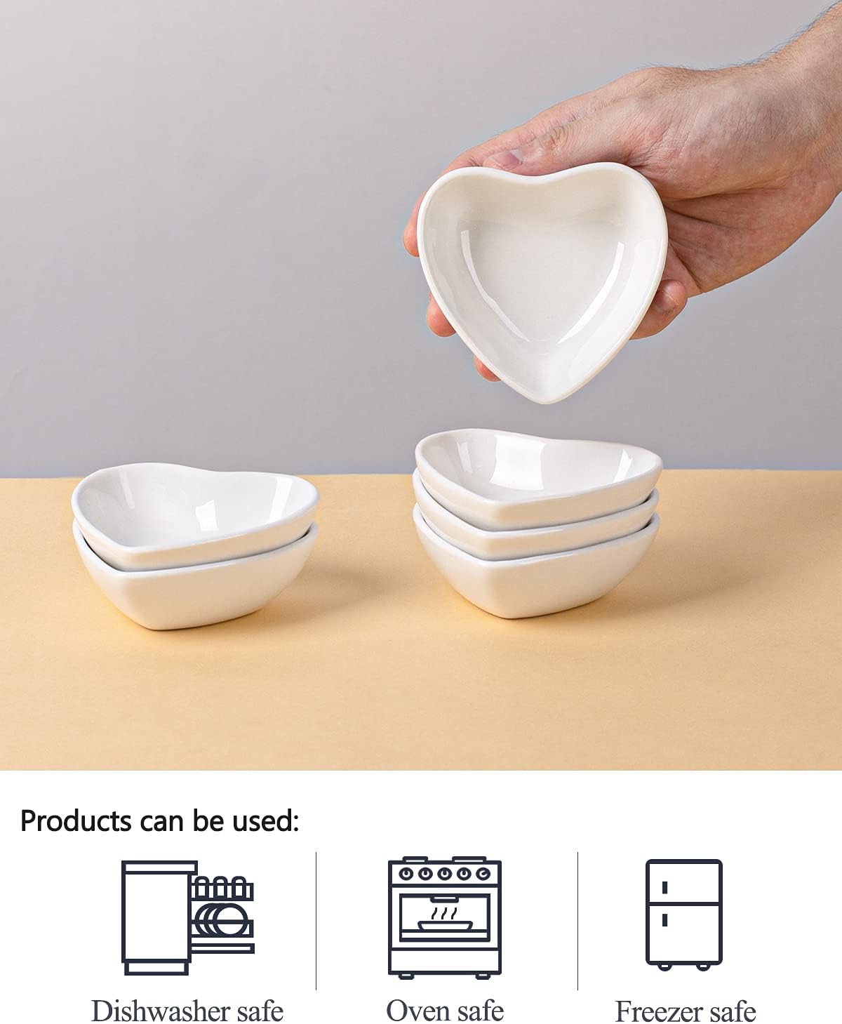 DELLING Heart Shaped Dipping Bowls Set of 6, Mini Soy Sauce Dishes 2 Oz, Small Ceramic Bowls for Condiment Ketchup Dip, Porcelain Sauce Cups for Charcuterie Board BBQ Party, White