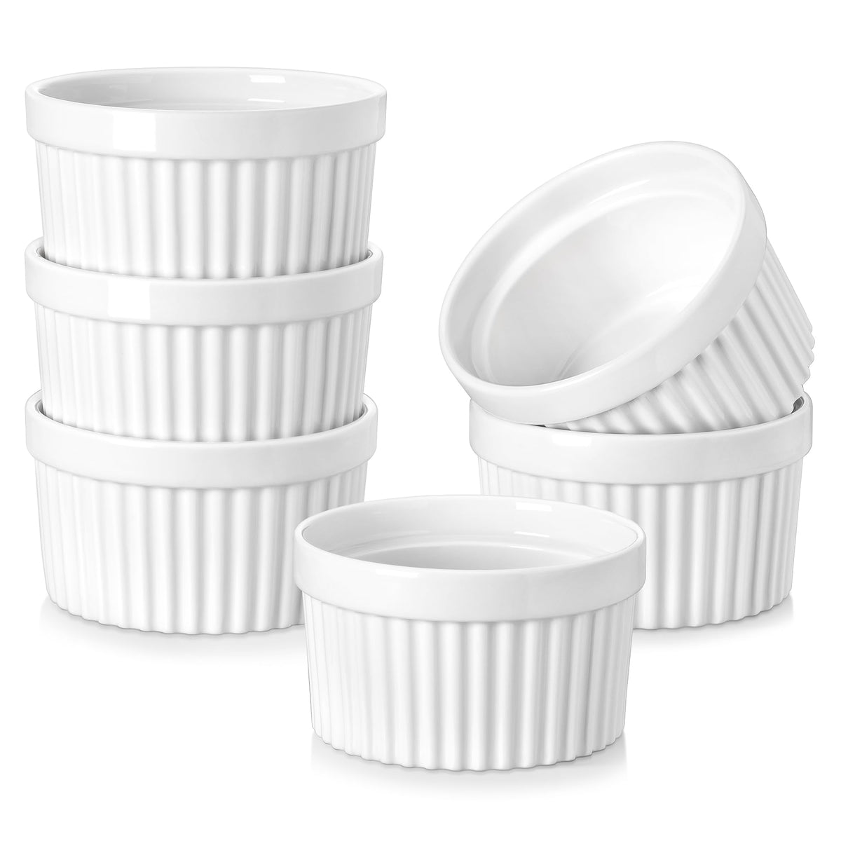 MALACASA Ramekins 4 oz Oven Safe, Porcelain, Set of 6, White