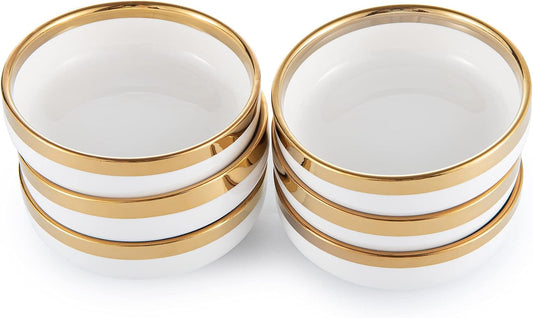 3.4-Inch Porcelain Ceramic Dipping Bowls Set of 6 - White Sauce Dishes with Gold Trim for Soy Sauce, Sushi, Olive Oil, Condiment, Salsa & Dips | Dishwasher Safe Ramekins