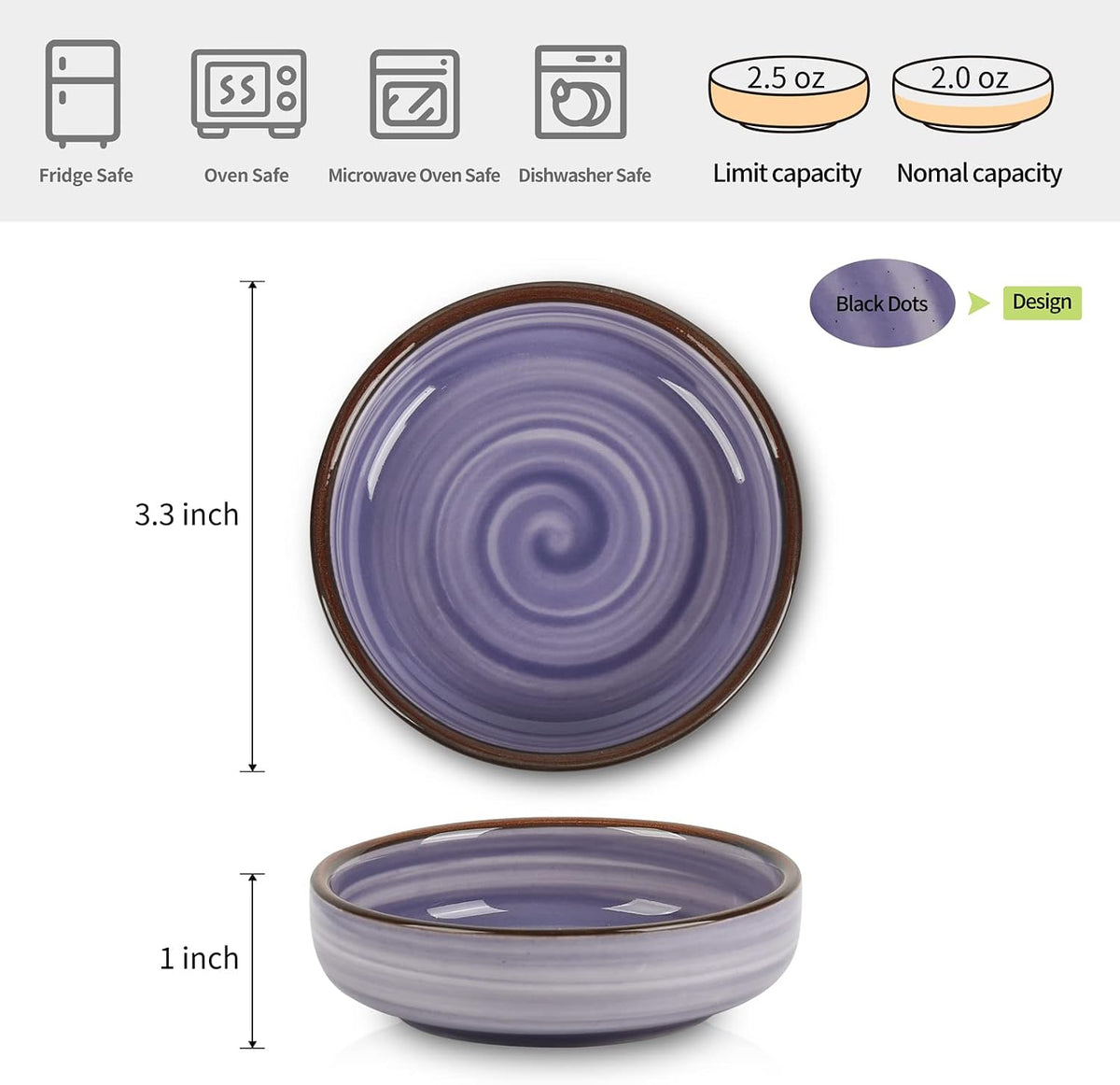 Selamica Ceramic 2.5 OZ Soy Sauce Dish Dipping Bowls Set of 6, 3.3 Inch Small Side Dish Pinch Bowls, Mini Bowls for Condiments, Ketchup, BBQ, Sushi, Gradient Color