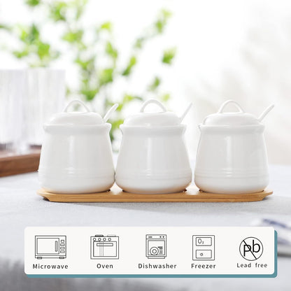 Porcelain Condiment Jar 3 Pack Set with Tray, 12 Ounces White