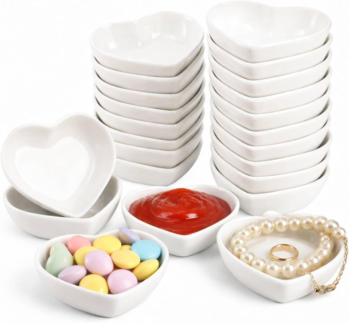 WUWEOT 24 Pack Porcelain Sauce Dish, White Heart-shaped Dip Bowls, 1.5Oz Ceramic Ring Dishes Candle Tray, Seasoning Dishes Appetizer Plates