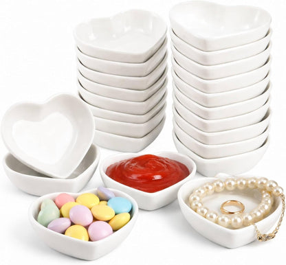 WUWEOT 24 Pack Porcelain Sauce Dish, White Heart-shaped Dip Bowls, 1.5Oz Ceramic Ring Dishes Candle Tray, Seasoning Dishes Appetizer Plates