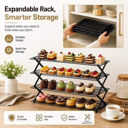4 Tier Collapsible Cooling Rack, 3-Setting Adjustable Stackable Baking Rack, Foldable Metal Wire Cooling Stand for Cookies, Bread, Pastry, Outdoor Picnic Food Display, Baking Supplies