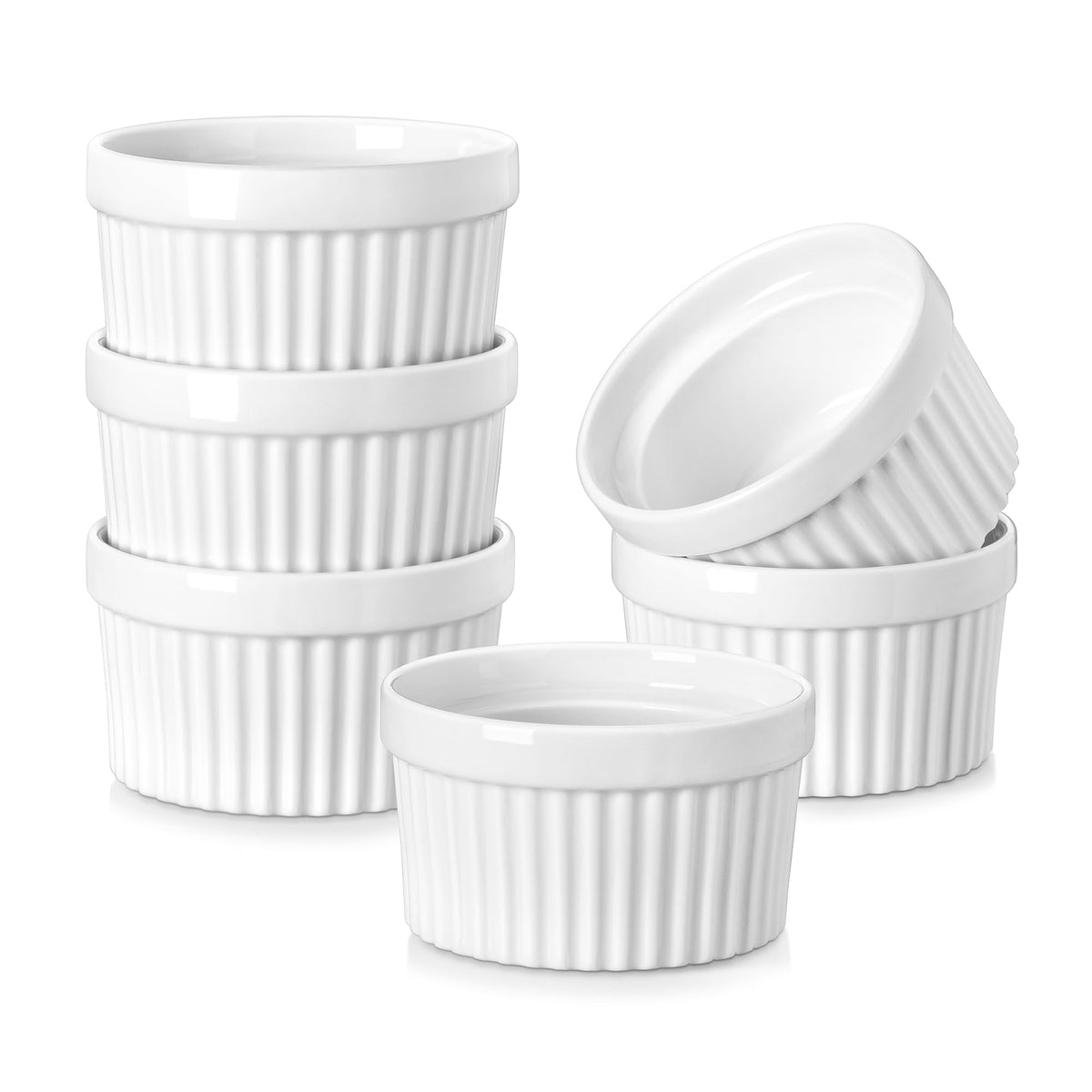 MALACASA Ramekins 4 oz Oven Safe, Porcelain, Set of 6, White