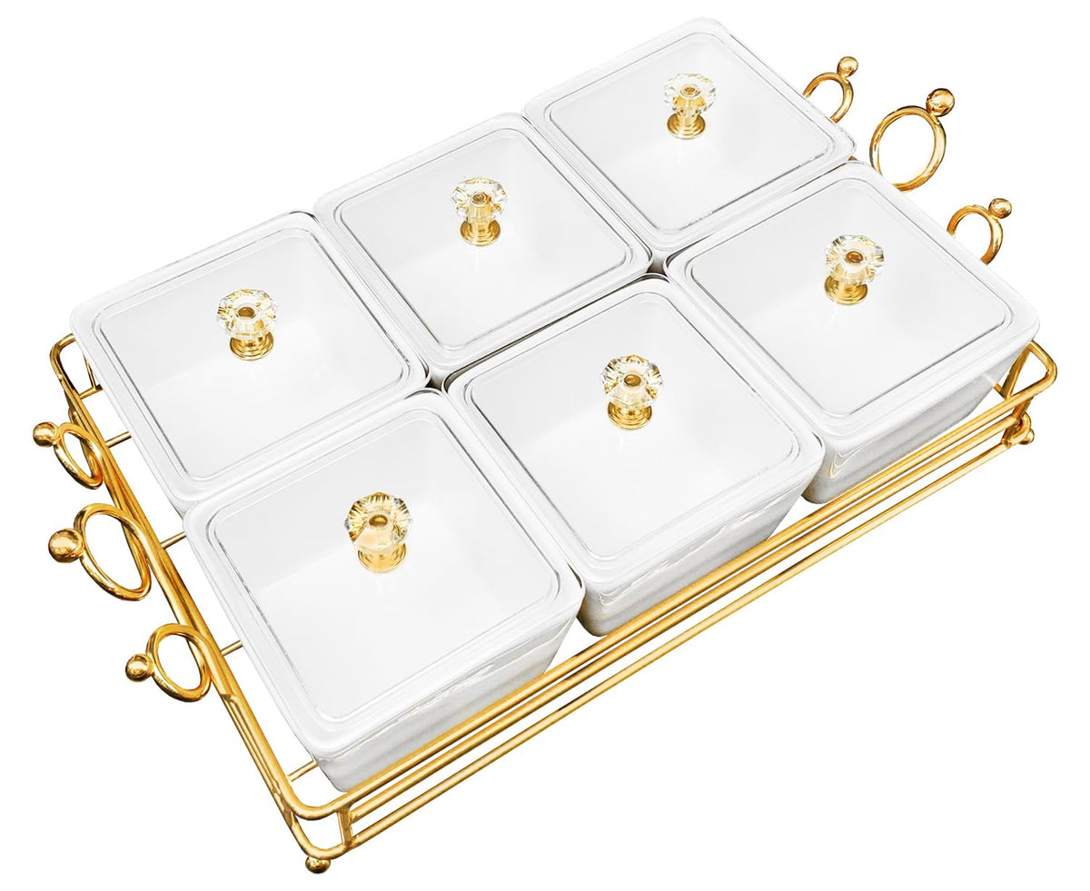 YA JU Ceramic Bowls and with Lid Gold Basket Trays, 3 Removable Small Bowls Condiment Trays Nut Serving Set for Snacks, Fruits, Candy and Condiments - Great for Parties, Holiday Gifts, White
