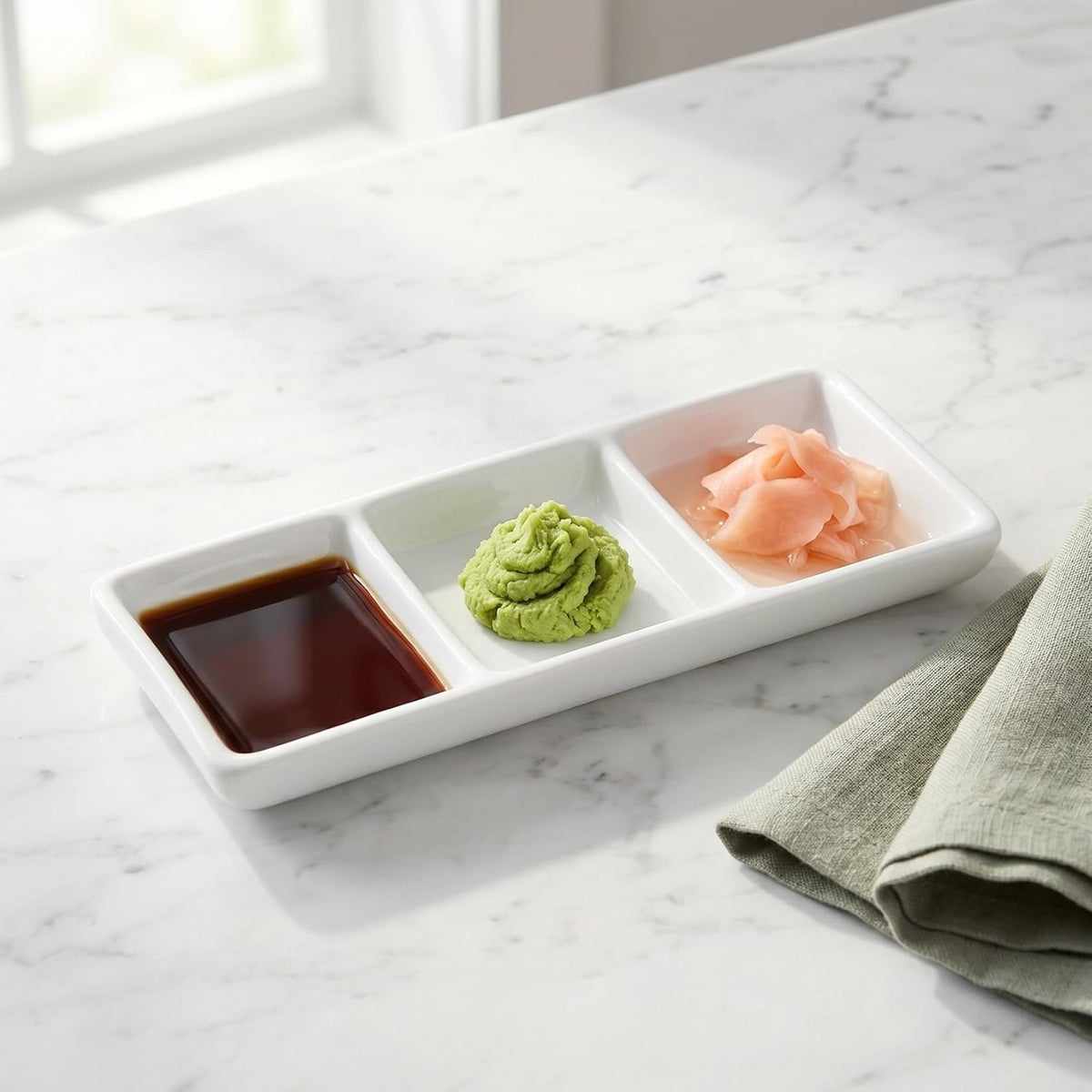 2Pcs Ceramic 3 Compartment Appetizer Serving Tray Rectangular Divided Sauce Dishes Ceramic Serving Platters for Soy Sauce Spice Dip Snacks