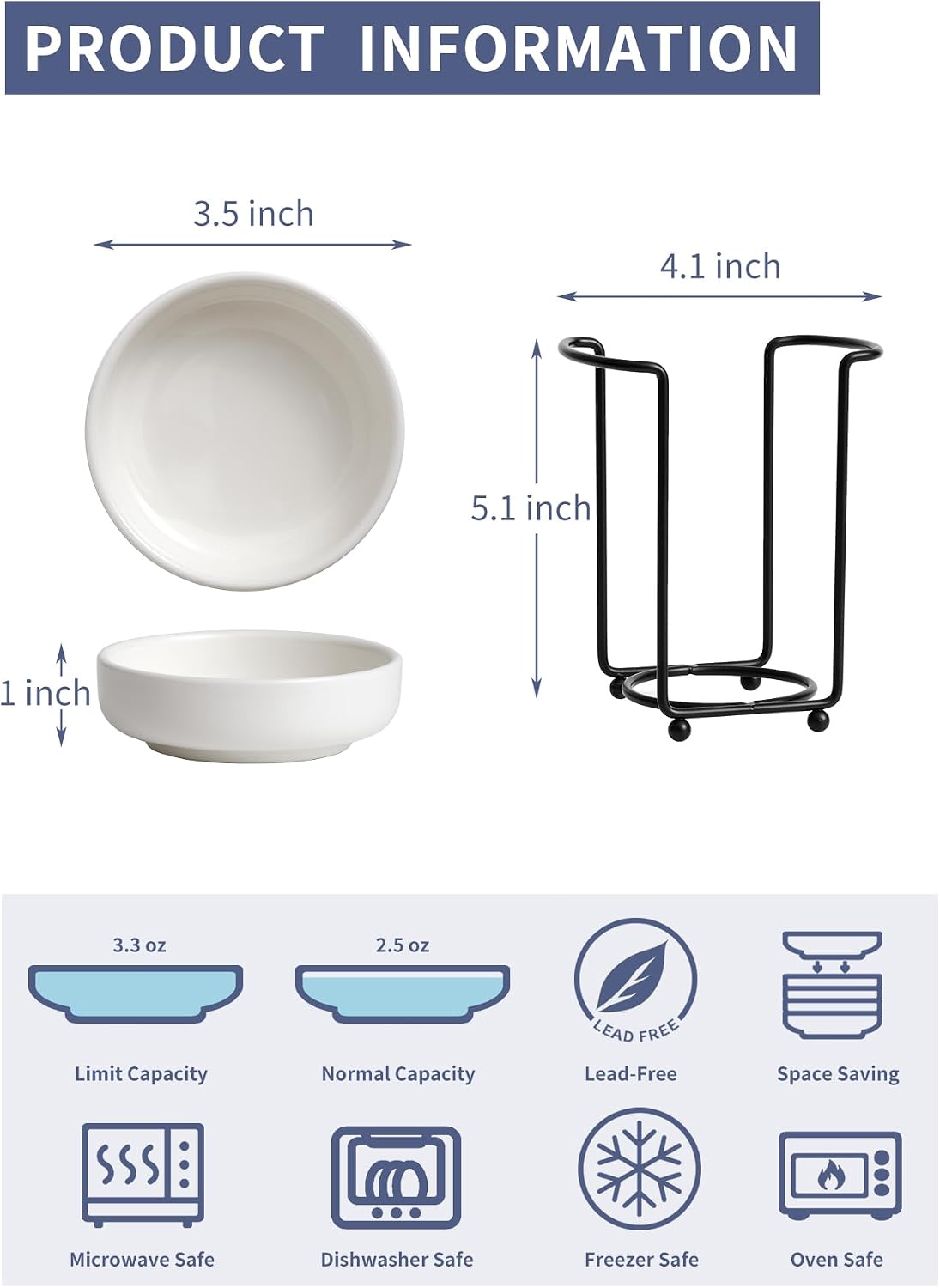 YJR Ceramic Japanese Side Dishes, Seasoning Dishes, Dipping Bowls - 3.5 Inch, with Metal Stand for Ketchup Soy Sauce BBQ Party, Set of 6, White