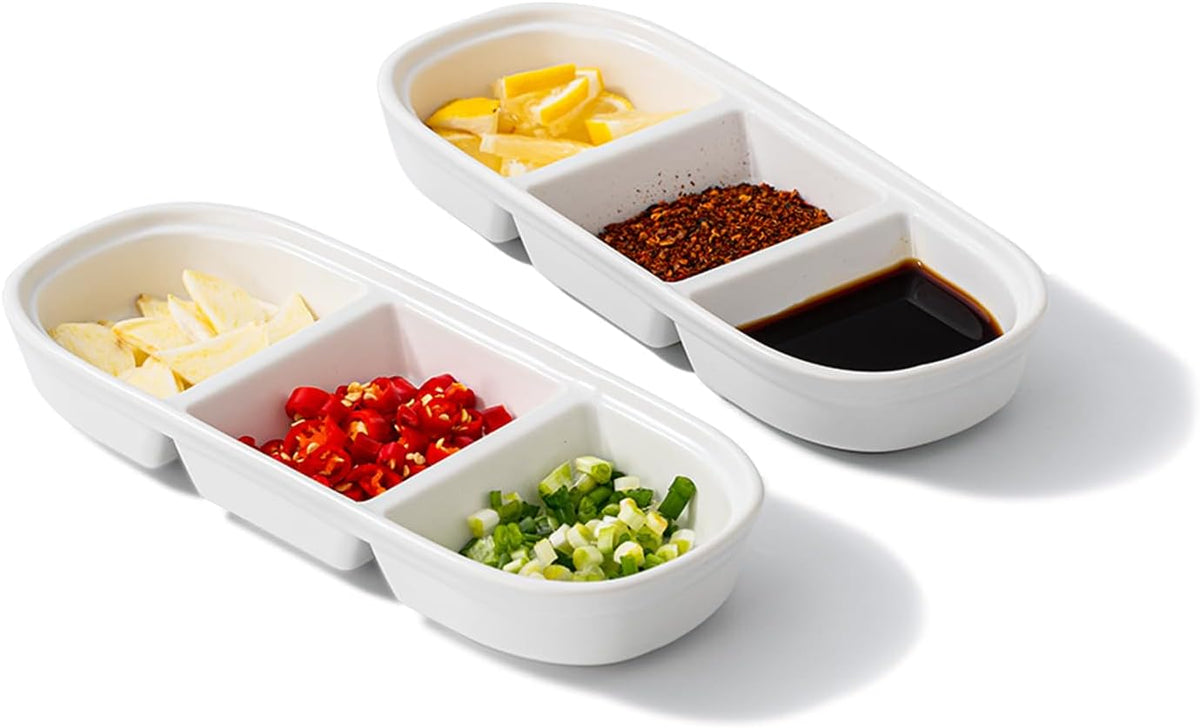 2PCS Ceramic Dishes, Ceramic Dish Stainless Steel Soy Tomato Sauce Salt Vinegar Sugar Spices Flavor Condiment Dip Bowls Korean BBQ Home Kitchen Plates, 3 Compartment Sauce Dish (3 Grids White)