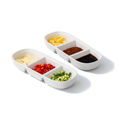 2PCS Ceramic Dishes, Ceramic Dish Stainless Steel Soy Tomato Sauce Salt Vinegar Sugar Spices Flavor Condiment Dip Bowls Korean BBQ Home Kitchen Plates, 3 Compartment Sauce Dish (3 Grids White)