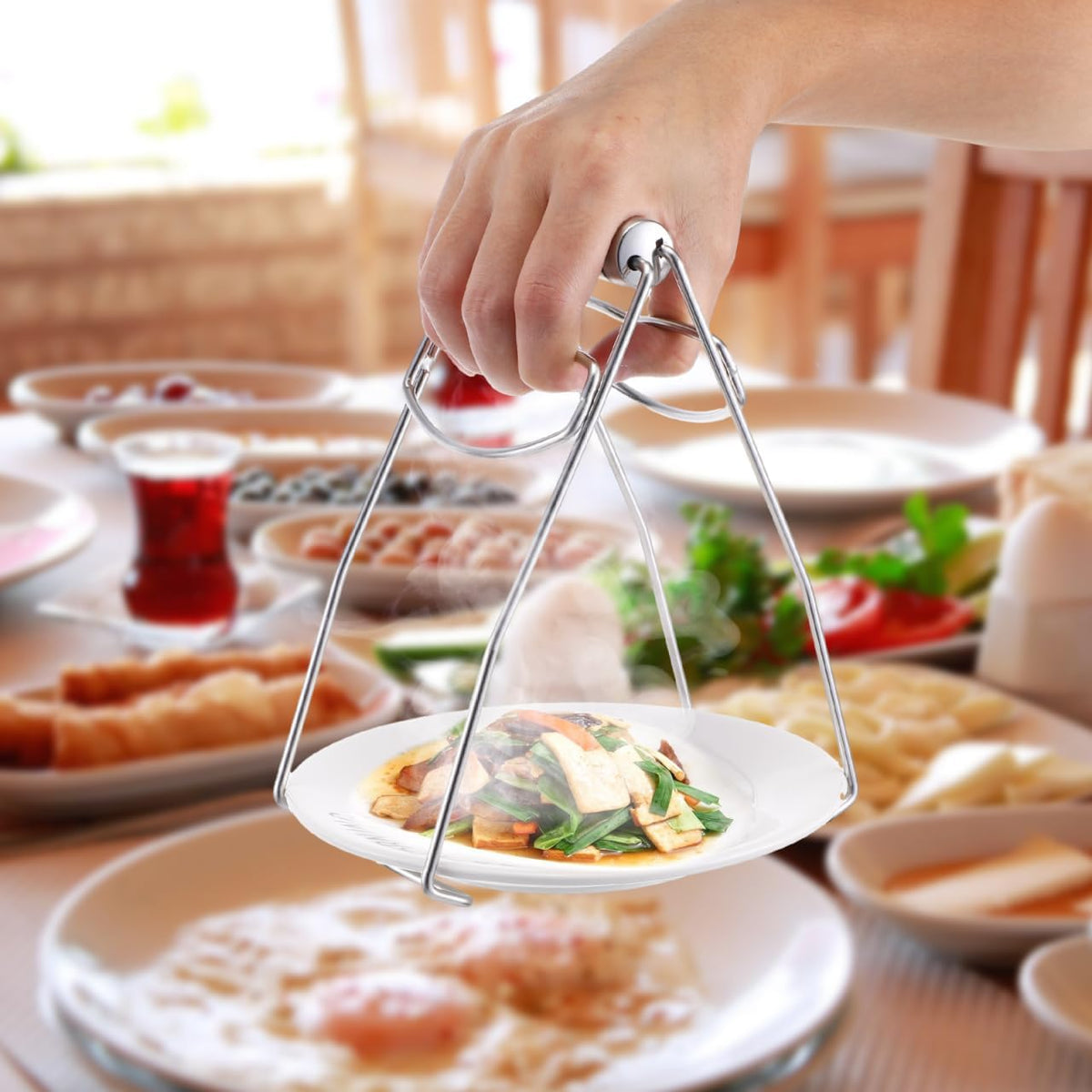 BESTonZON 304 Stainless Steel Hot Plate Gripper Tongs Foldable Kitchen Pot Holder Clamp for Safe Hot Dish and Bowl Handling Steaming Clips for Home and Restaurant Use