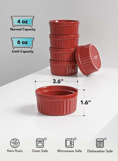 LE TAUCI Ramekins Oven Safe, 4 OZ, Set of 6, Red