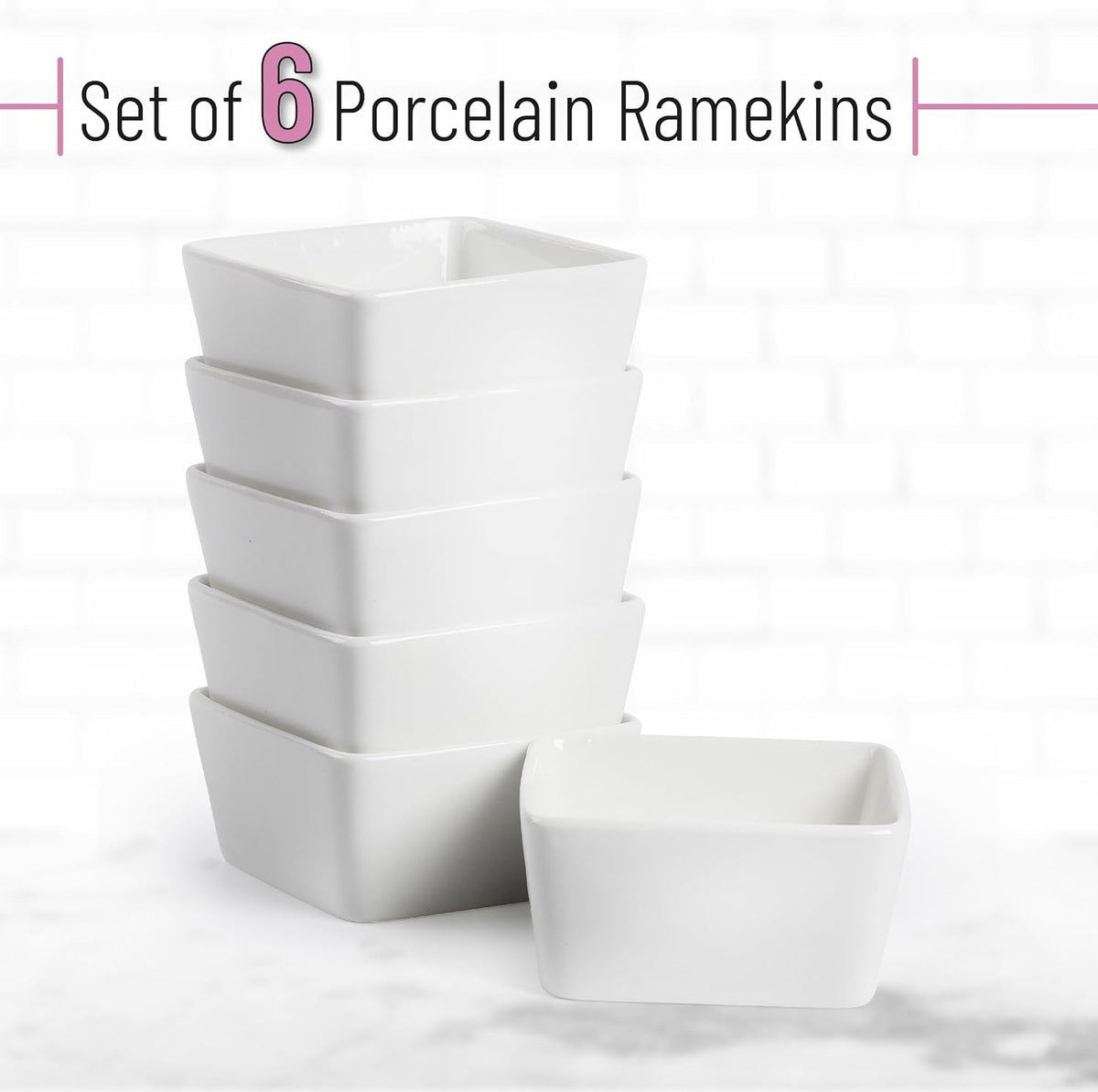 BTaT- Ramekins, 8 oz, Set of 6, White, Square Shaped, Ramekins Oven Safe, Porcelain Souffle Dishes for Creme Brulee, Ice Cream, Fruit and Snacks