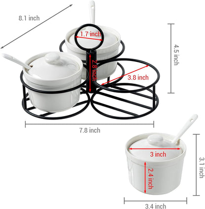 MyGift 10 Pc Set Ceramic Ramekin Condiment Dip Bowl with Lids and Spoons and Deluxe Modern Black Metal Wire Serving Rack for Sauces and Condiments
