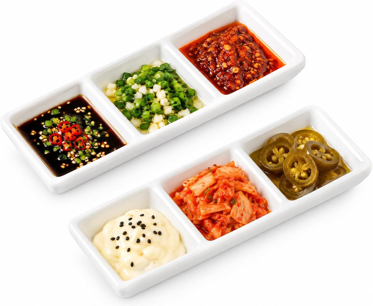 2Pcs Ceramic 3 Compartment Appetizer Serving Tray Rectangular Divided Sauce Dishes Ceramic Serving Platters for Soy Sauce Spice Dip Snacks