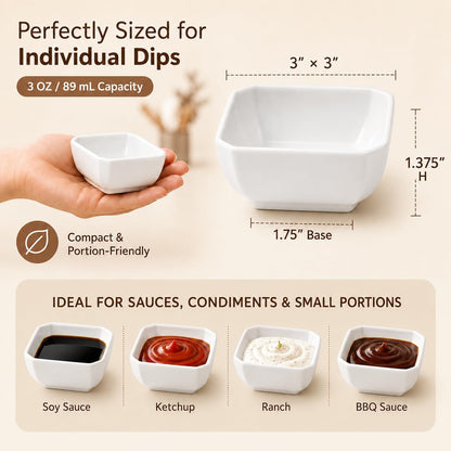 3 OZ Square Dip Bowls Set of 6, White Ceramic Dipping Sauce Dishes